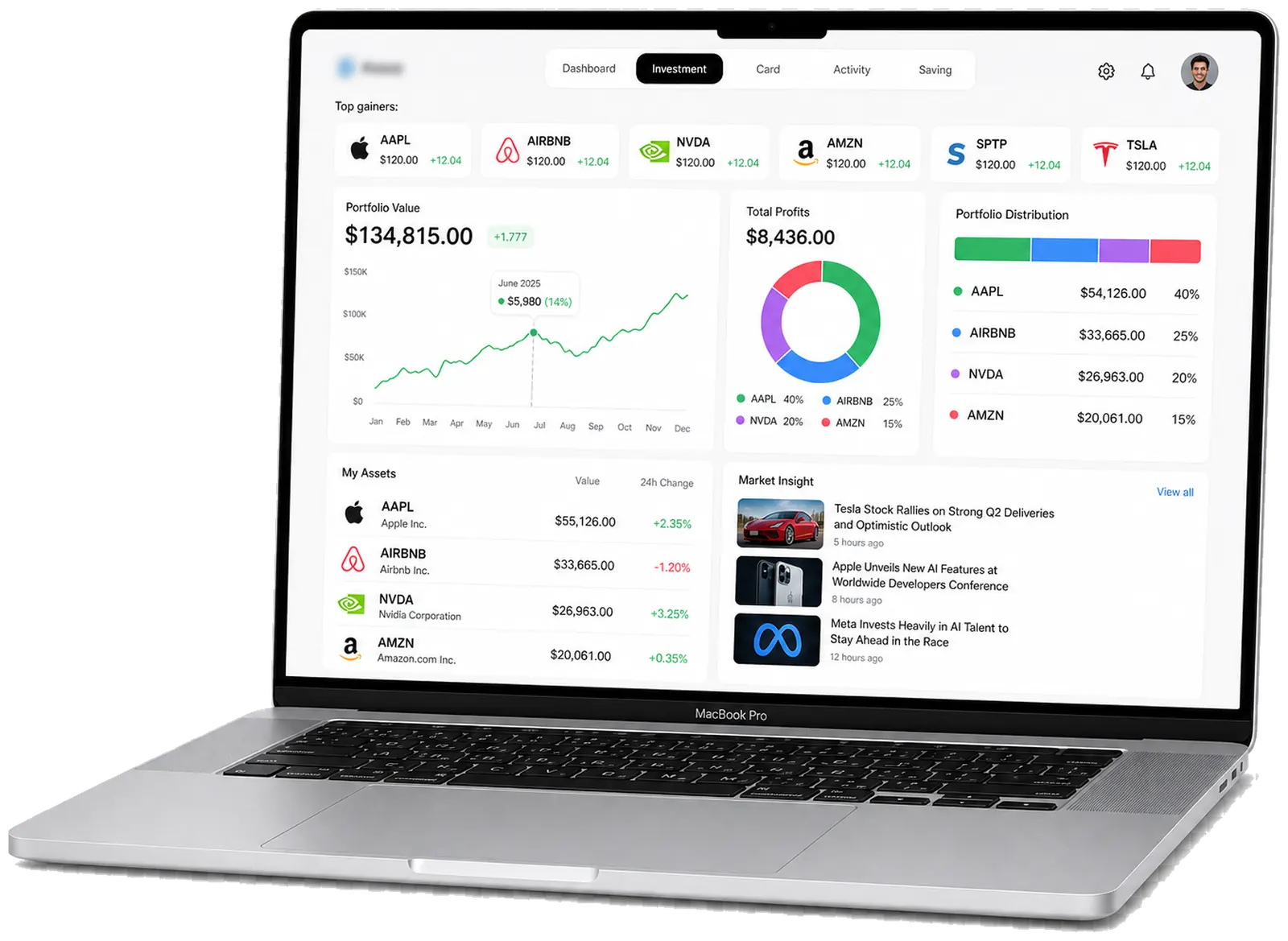 LarpWorld finance dashboard on a MacBook Pro